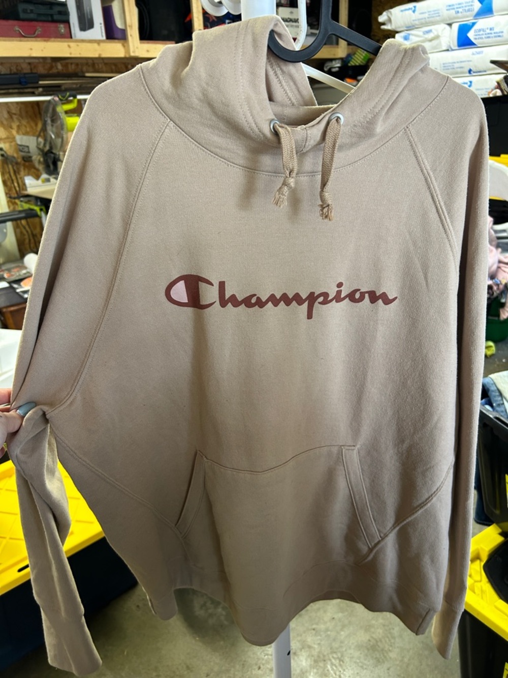 Champion Beige Hoodie with Maroon Logo
